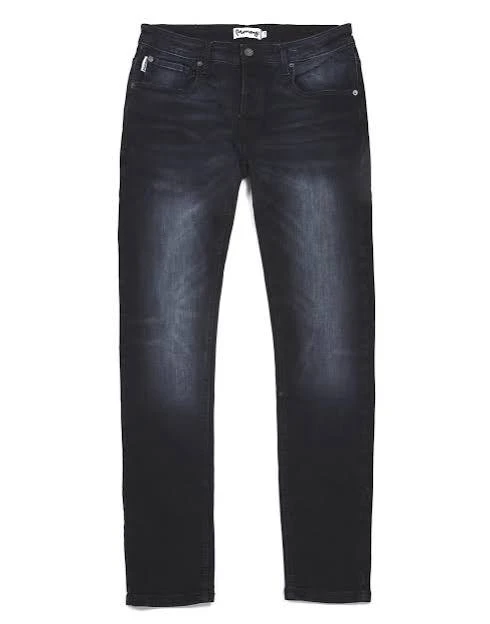 Charcoal grey to faded black wash featuring heavily faded whiskering and sanding